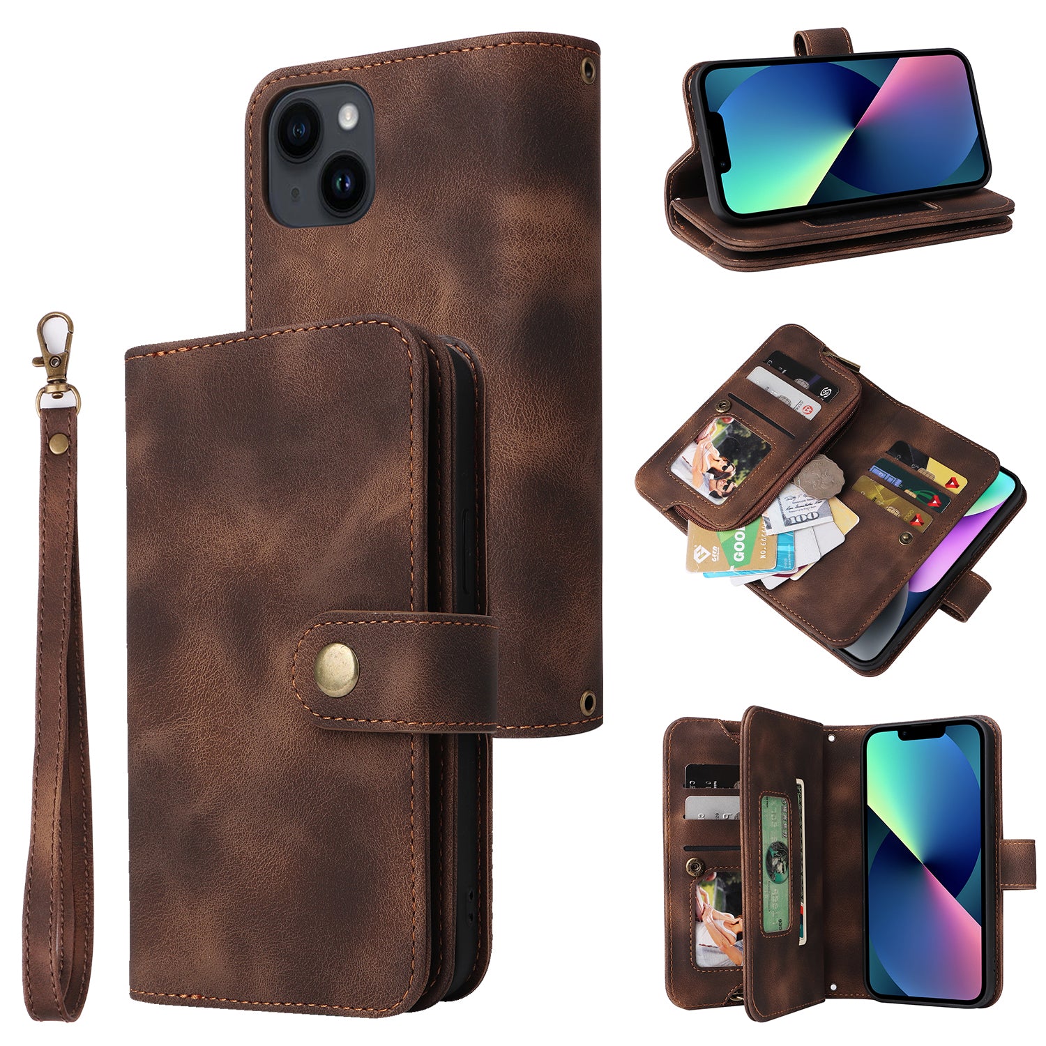 Multifunkční pouzdro na telefon iPhone 13 PU kožený stojánek na zip kapsa na peněženku Kryt na telefon s popruhy Multifunkční pouzdro na telefon iPhone 13 PU kožený stojánek na zip kapsa na peněženku Kryt na telefon s popruhy